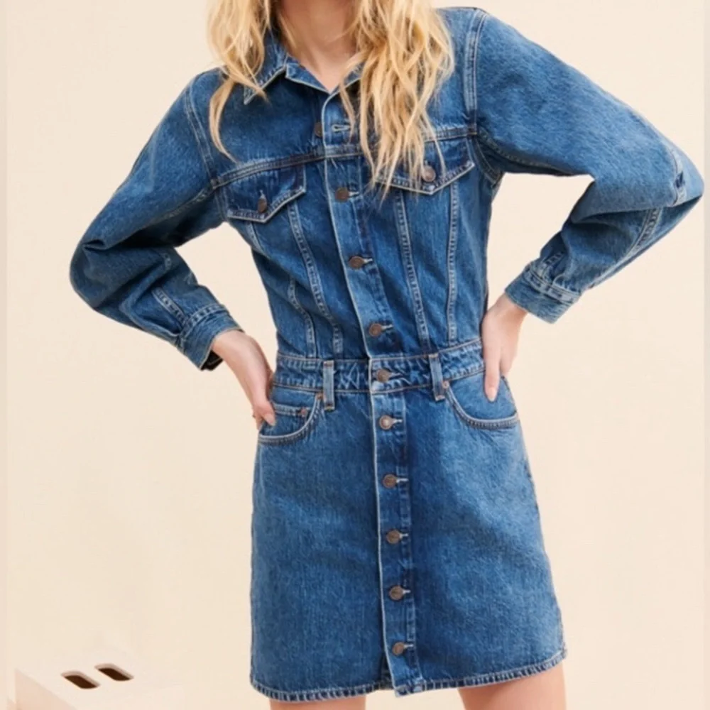 NWT AGOLDE x ANTHROPOLOGIE Denim Mini Dress Balloon Sleeves Size 12 - Picture 5 of 11